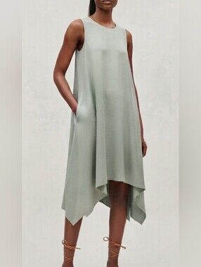COS Layered Drape Dress Green Relaxed Fit Aysmmetric Hem Size 8 Minimalist